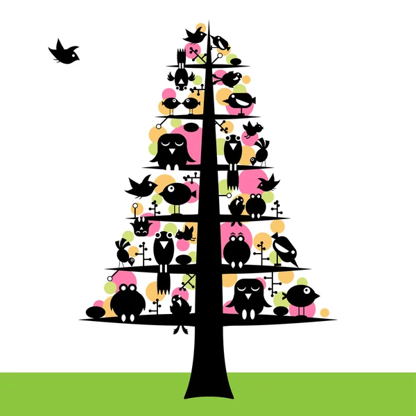 Tree with many cute birds sitting on it — Stock Vector