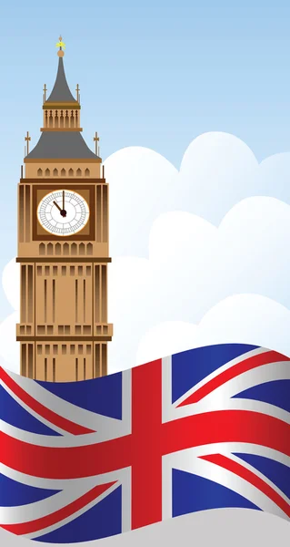 Big ben věže, sky a Velká Británie vlajka — Stockový vektor