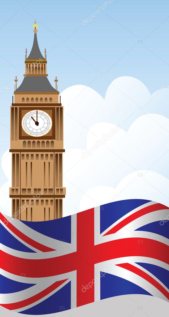 Big Ben tower, sky and UK flag
