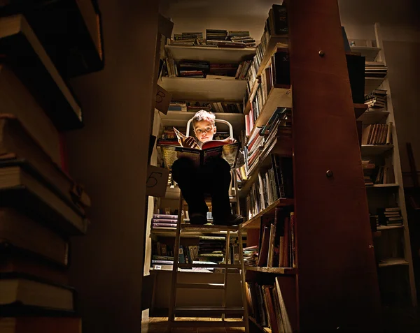 Хильда читает книгу в библиотеке Лицензионные Стоковые Фото