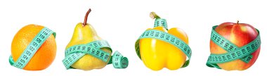 Group of vegetables tied up with measuring tape isolated clipart