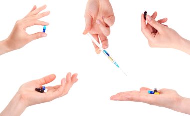 Hand of a woman holding a pills and syringe, isolated clipart