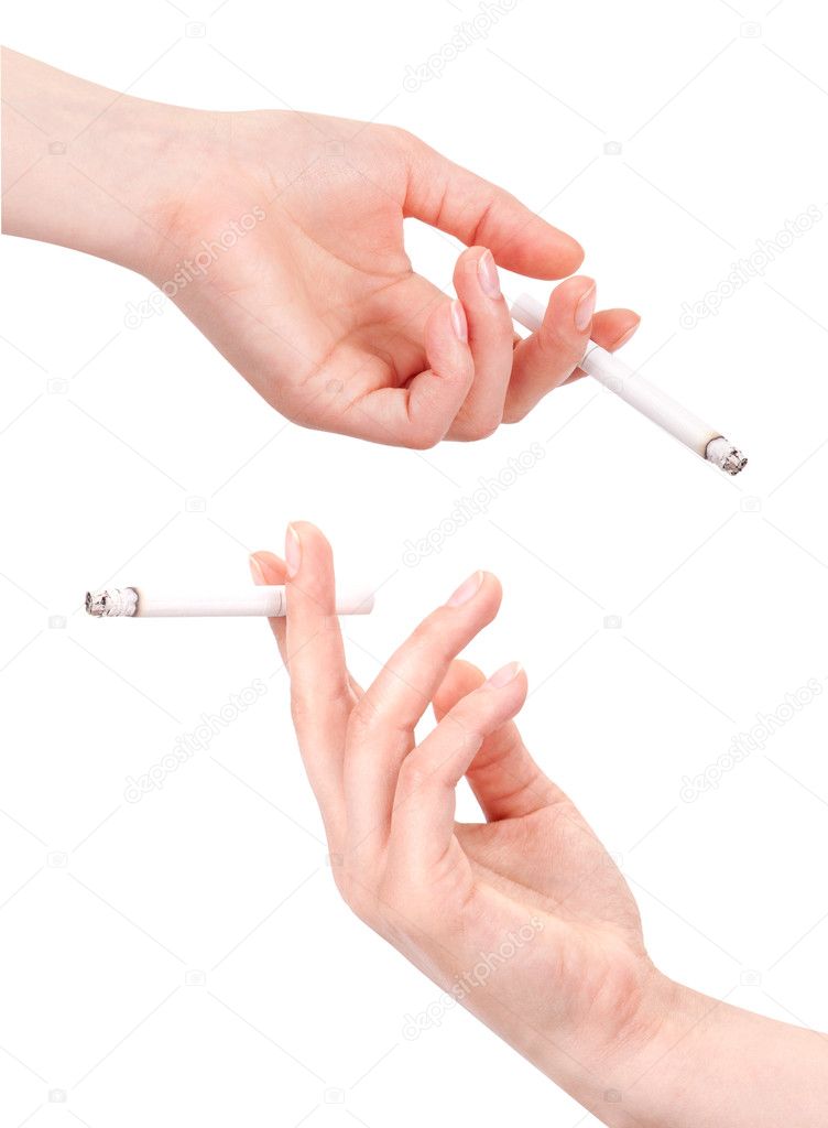 Hand with cigarette isolated on white background