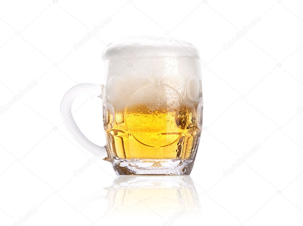 Frosty small mug of light beer with foam isolated