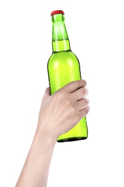 Hand holding Bottle of beer with drops isolated clipart