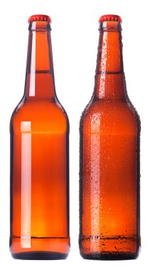 Two Bottles of light beer with drops isolated clipart