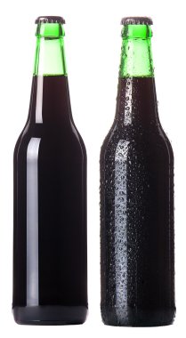 Two Bottles of dark beer with drops isolated clipart