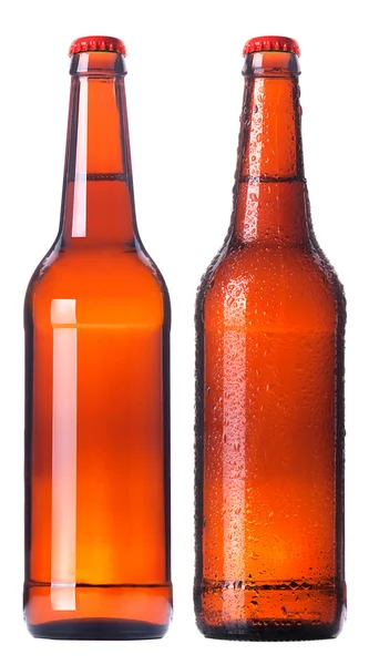 Two Bottles of light beer with drops isolated — Stock Photo, Image