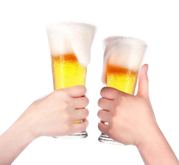 Pair of beer glasses with hand making a toast isolated — Stock Photo, Image