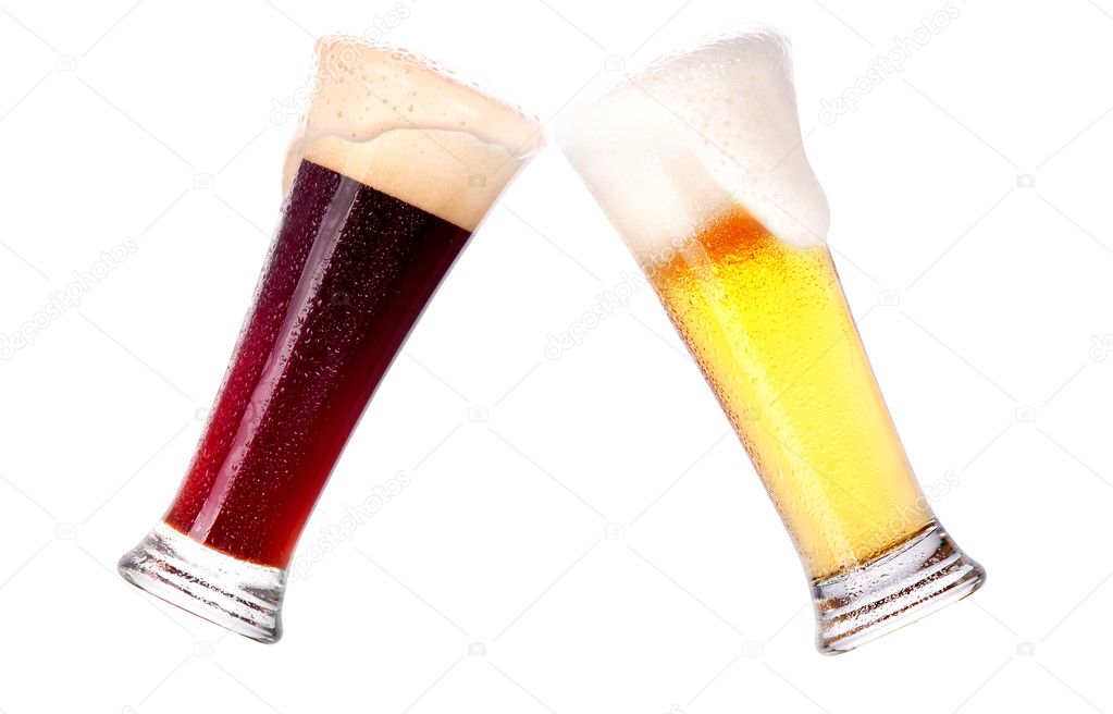 Pair of beer glasses making a toast isolated