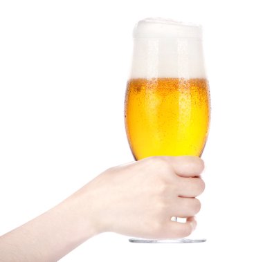 Hand holding glass of beer isolated.making toast clipart