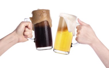 Pair of beer glasses with hand making a toast isolated clipart