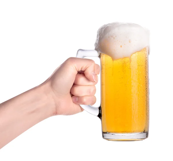 Hand holding glass of beer isolated.making toast — Stock Photo, Image