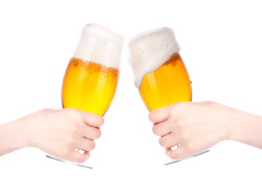 Pair of beer glasses with hand making a toast isolated clipart