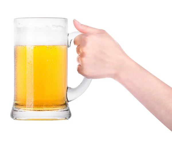 Ruka drží velkou sklenici piva isolated.making topinky — Stock fotografie