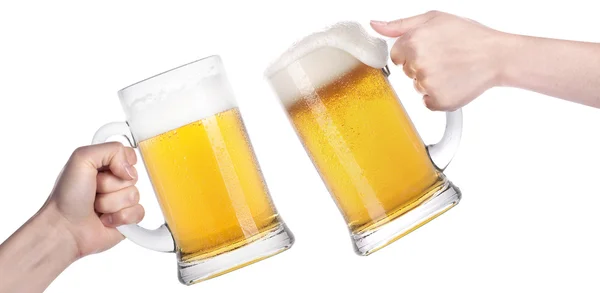 Frosty glass of beer with hand.making toast — Stock Photo, Image