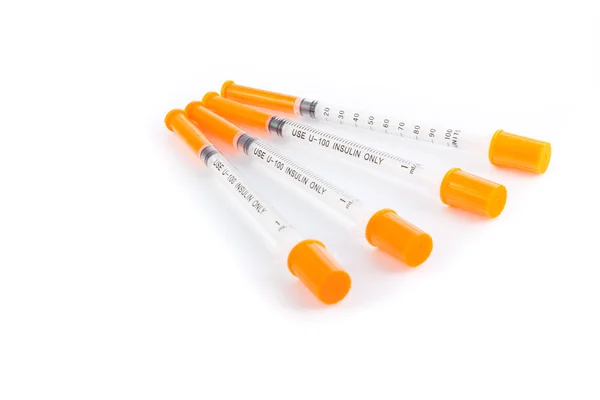 Чотири шприци для інсуліну — стокове фото