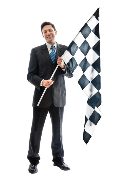 Smiling with a checkered flag — Stock Photo, Image