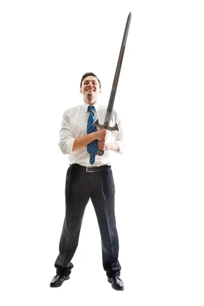 Glad affärsman med svärd — Stockfoto
