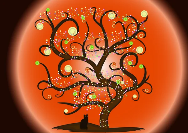 Chat et arbre, orange — Image vectorielle