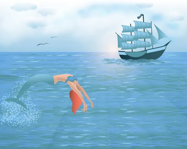 Deniz kızı ve gemi — Stok Vektör
