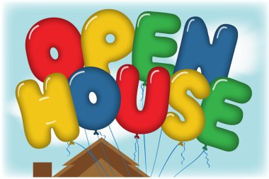 Open House Balloons over a roof top. clipart