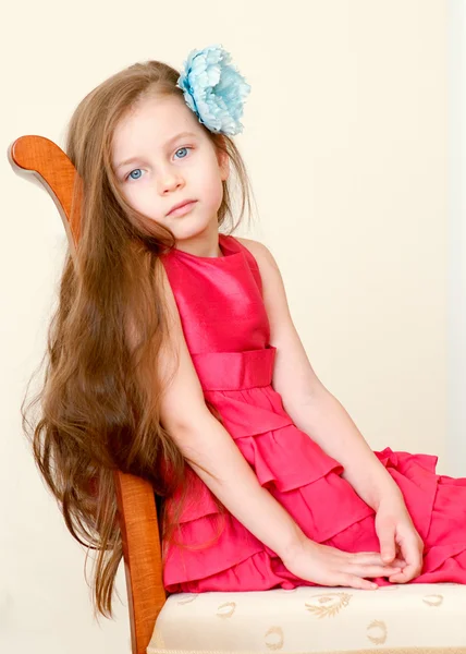 Αξιολάτρευτο ευτυχής χαμογελαστοί μικρό κορίτσι σε ροζ φόρεμα — Φωτογραφία Αρχείου