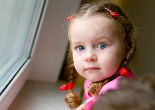 Adorable little girl with braids by the window — Stock Photo, Image