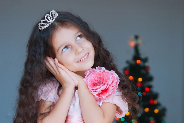 Boldog kis lány öltözött, mint egy hercegnő, karácsonyi álmodik Stock Kép