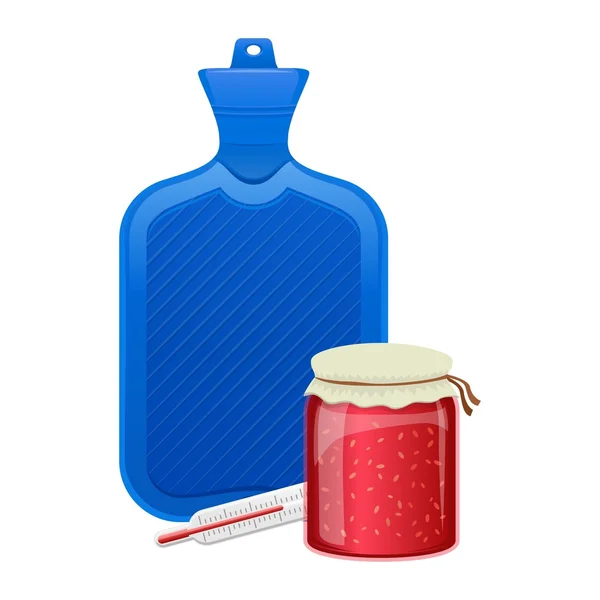 Пляшка гарячої води, термометр і малинове варення — стоковий вектор