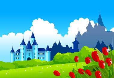 Fantasy castle on green landscape clipart