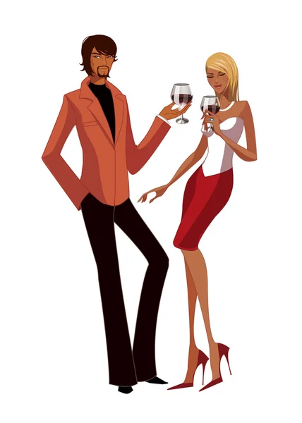 Elegante pareja sosteniendo el vino — Vector de stock