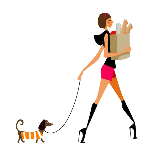 犬を連れて歩いて女性の側面図 — ストックベクタ