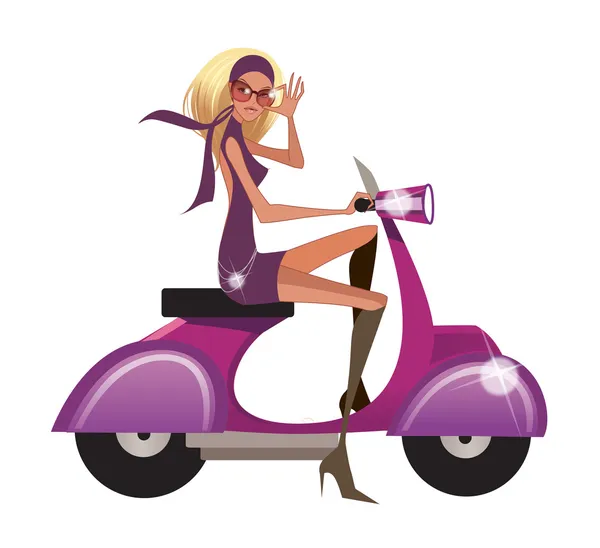 Vista laterale della donna guida scooter — Vettoriale Stock