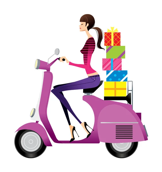 Vista laterale della donna guida scooter — Vettoriale Stock
