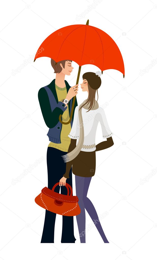 Couple standing under one umbrella
