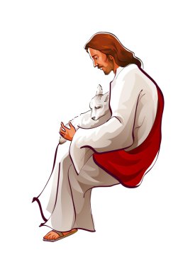 İsa Mesih koyun ile otururken yan görünüm