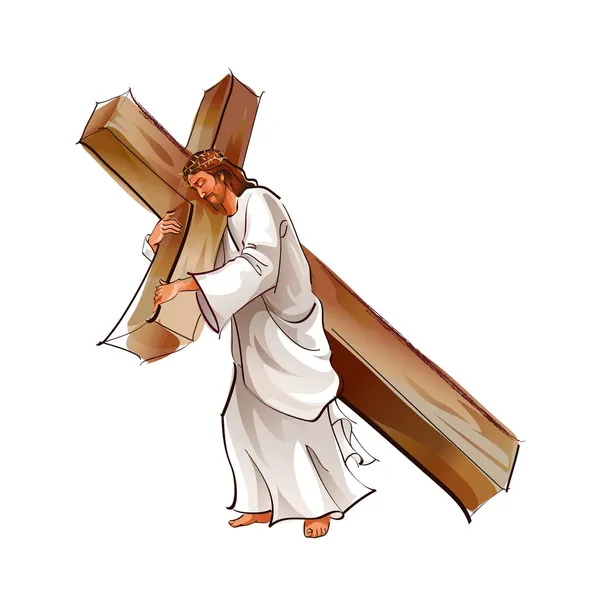 持有十字架的耶稣基督的侧视图 — 图库矢量图片