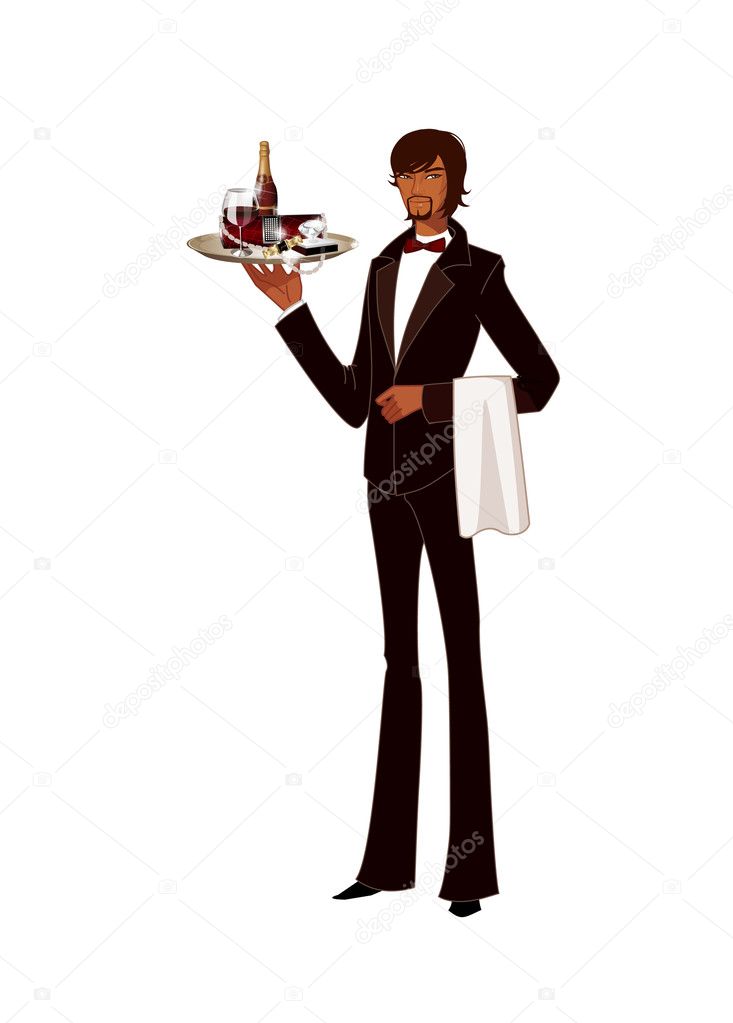 Portrait of waiter holding tray of bottle