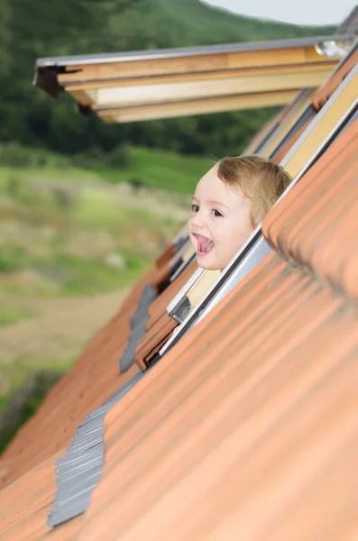 Baby im Dachfenster — Stockfoto
