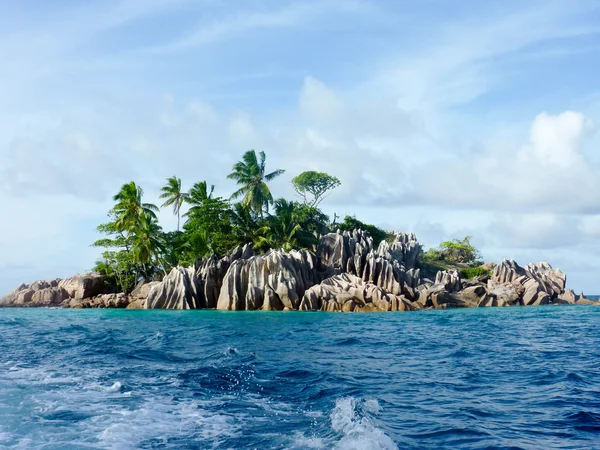 stock image Rocks with palms in the ocean.