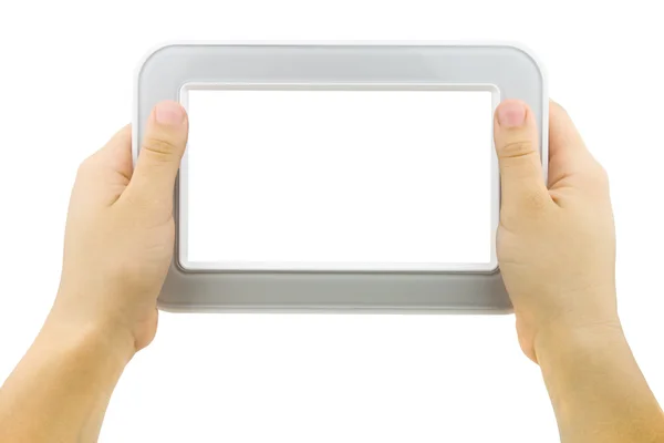 Una mano masculina sosteniendo un touchpad pc, aislado en blanco — Foto de Stock
