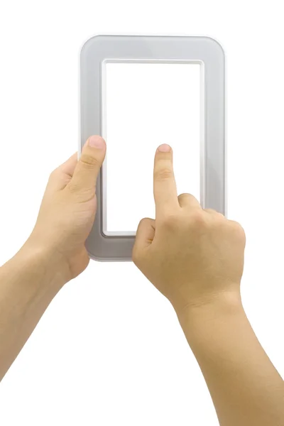 Мужская рука держит тачпад ПК, один палец касается экрана — стоковое фото