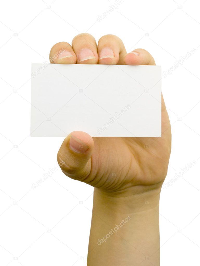 White card in a hand against the white background