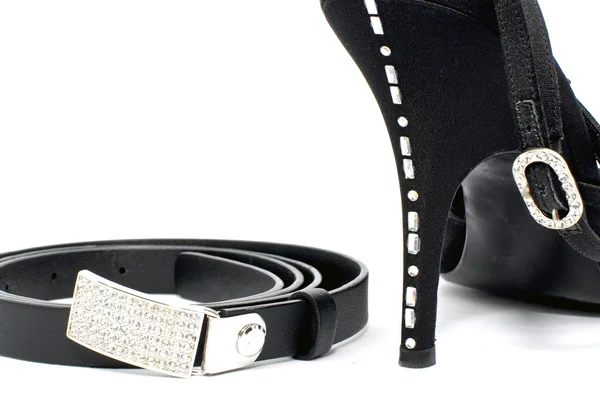 Black female shoe and belt with strass — Stock Photo, Image