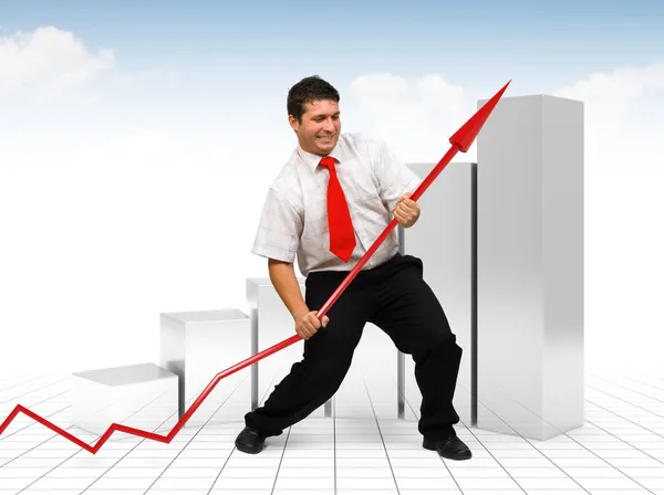 Homem de negócios ajudando uma seta de gráfico vermelho — Fotografia de Stock