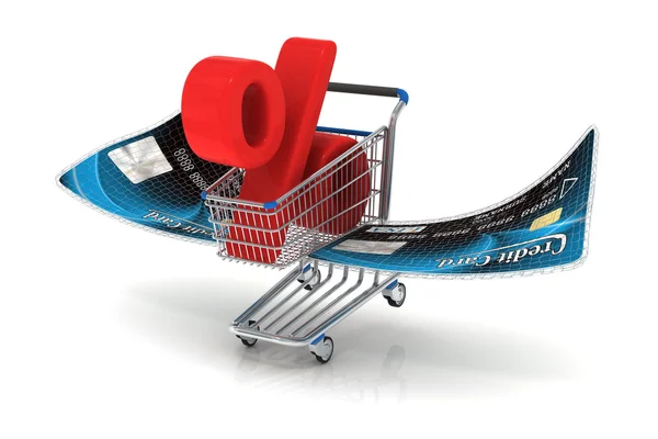 Flying shopping cart with percent sign — Stock Photo, Image