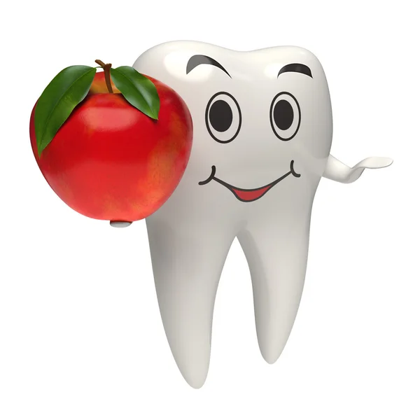 3D zdrowy ząb biały dając czerwone jabłko — Zdjęcie stockowe