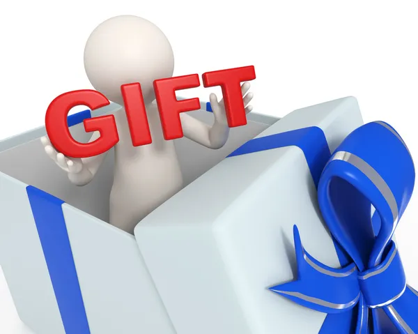 3d man in a gift box - красный текст подарка — стоковое фото