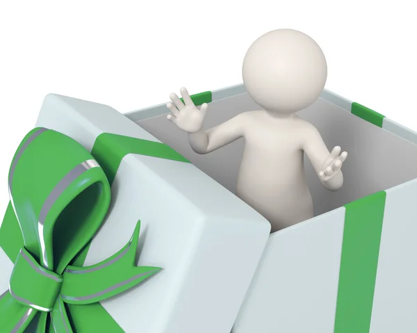 3D-Mann in einer grünen Geschenkbox — Stockfoto